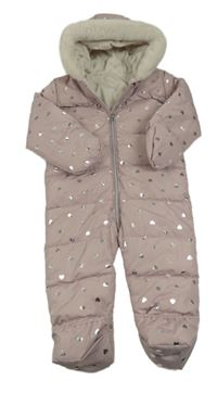 Světlerůžová šusťáková zimní kombinéza se srdíčky a kapucí George