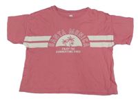 Růžové crop tričko s nápisem a palmami F&F