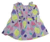 Nové - fialové balvněné šaty s ovocem a volánky