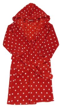 Červený chlupatý puntíkatý župan s kapucí