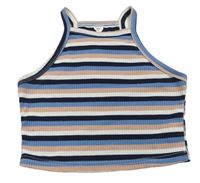 Modro-bílo-růžový pruhovaný žebrovaný crop top Shein