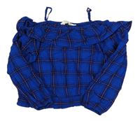 Safírovo-růžová kostkovaná halenka s volnými rameny H&M