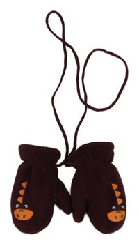 Vínové fleecové palcové rukavice na šňůře s dinosaurem Topomini