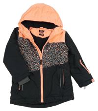 Neonově lososovo-černá šusťáková funkční lyžařská bunda se vzorem a kapucí Kiki&Koko