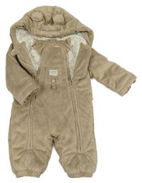 Světlehnědá chlupatá zateplená kombinéza s kapucí 