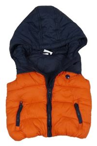 Oranžovo-tmavomodrá šusťáková zateplená vesta s kapucí F&F