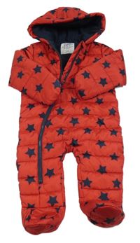 Červená šusťáková prošívaná zimní kombinéza s hvězdami a kapucí F&F