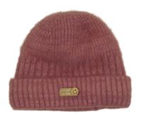 Růžová pleteno/chlupatá čepice s nášivkou