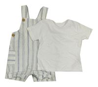 2set - Bílo-modré pruhované plátěné laclové kraťasy + bílé tričko Primark