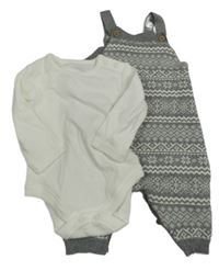 2set - šedo-bílé vzorované pletené laclové kalhoty + body 