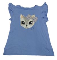 Světlemodré tričko s kočičkou a volánky H&M