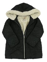 Černý puntíkatý prošívaný šusťákový zimní kabát s kapucí F&F
