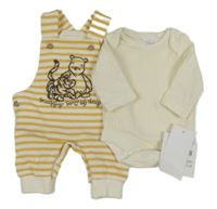 Nový - 2Set - Okrovo-bílé pruhované laclové tepláky s Pú a Tygrem + smetanové žebrované body Disney