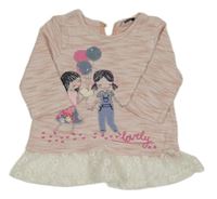 Světlerůžový melírovaný svetr s holčičkami a bílým krajkovým volánkem s květy George