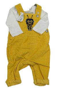 Nové - 2Set - Tmavožluté manšestrové laclové kalhoty s robotem + bílé body Bluezoo