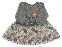 Nové - tmavošedo-smetanové melírované šaty s puntíky a vzorem a lístečky Next