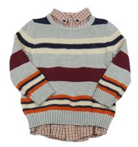 Nové - šedo-pruhovaný svetr se všitou košilí JASPER CONRAN