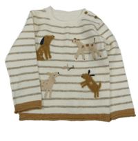 Nové - bílo-béžovo/šedo-hnědý pruhovaný svetr s pejsky Nutmeg
