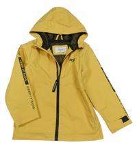 Tmavožlutá šusťáková jarní sportovní bunda s nápisem a kapucí Reserved
