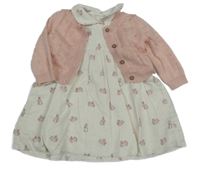 Nové - 2Set - Smetanové melírované plátěné šaty+růžové svetrové bolérko George