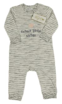 Nové - bílo-šedo-černá pruhovaná melírovaná tepláková kombinéza s nápisy a srdíčkem V BY VERY 