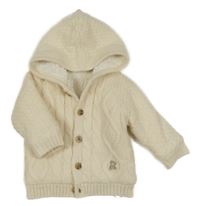 Smetanový vzorovaný pletený propínací zateplený svetr s medvídkem a kapucí little nutmeg