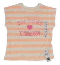 Nové - bílo-neonově korálové pruhované melírované tričko s nápisy a srdíčkem St. Bernard