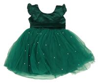 Tmavozeleno-smaragdové tylovo/saténové šaty s perlami a volánky a mašlí