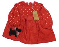Nové - červené tepláovo/manšestrové šaty s puntíky a pejskem Next