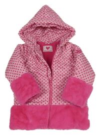 Tmavorůžovo-bílá kostkovaná šusťáková zimní bunda se srdíčky a kožešinou a kapucí Agatha Ruiz De La Prada