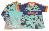 Nové - 2set - Tyrkysovo-tmavomodro-neonově oranžová sportovní mikina se vzorem + tričko