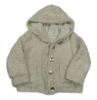 Krémový třrpytivý chlupatý zateplený propínací svetr s kapucí F&F