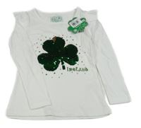 Nové - Bílé triko s trojlístkem z překlápěcích flitrů a volánky