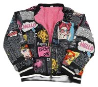 Černý šusťákový zateplený bomber s nápisy a dívkami