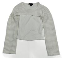 Bílý perforovaný crop svetr s všitým žebrovaným topem New Look