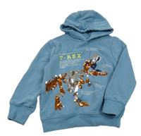 Modrá mikina s kostrou dinosaura z překlápěcích flitrů a kapucí C&A