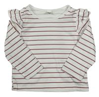 Bílo-hnědé pruhované triko s volánky Shein