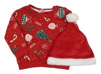 2set - Červená mikina s ozdobami a stromky + červená sametová čepice - Santa Claus
