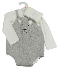 3set - Bílé body + šedé pletené laclové kraťasy s čumákem + punčocháče Tu