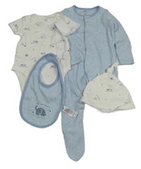 4 set - Smetanové body + modrý overal + modrý bryndák + bílá čepice F&F