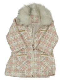 Růžovo-bílo-zlatý vzorovaný podšitý kabát s kožešinou 