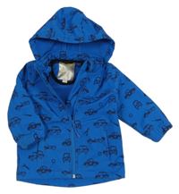 Modrá softshellová bunda s auty a kapucí