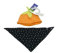 2 set - oranžová sametová čepice - dýně + tmavomodrý puntíkatý slinták 