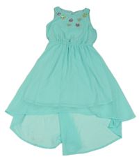 Zelené šifonové šaty s květy z kamínků 