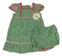 Nové - 2 set - zeleno-růžové květované plátěné šaty + kraťasy 