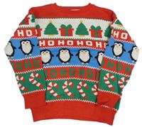 Červeno-bílo-zeleno-modrý vzorovaný svetr s tučňáky H&M