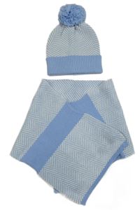 2set - Světlemodro-bílá vzorovaná čepice s bambulí + šála 