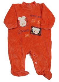 Jahodový sametový overal se zvířátky a nápisy 