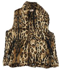 Béžovo-hnědo-černá šusťáková zateplená vesta s leopardím vzorem 