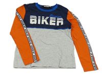 Tmavomodro-šedo-oranžové triko s nápisy Kids